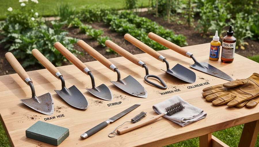 Assorted gardening hoes and maintenance items on a garden tool bench