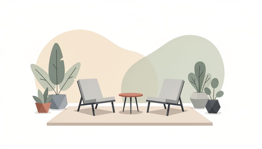 Staged patio seating area with outdoor dining set and bench in a well-maintained garden at golden hour.