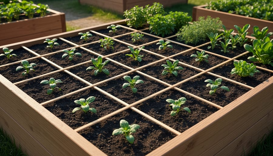 Raised square-foot garden bed with evenly spaced seedlings in rich soil