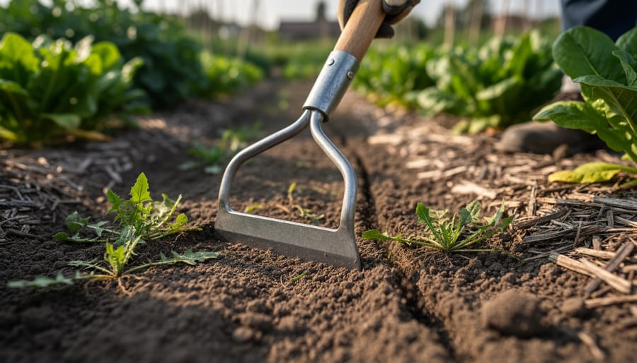 Stirrup hoe cutting surface weeds in a mulch-lined garden bed