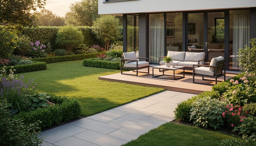 A neatly maintained UK garden with an edged lawn, tidy patio, and simple outdoor seating set up as inviting outdoor living space.