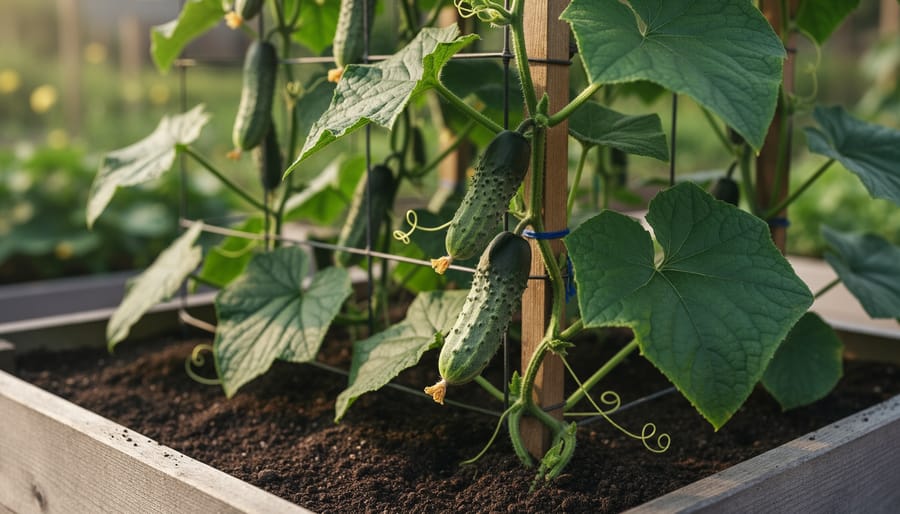 Close-up of cucumber fruit and healthy leaves growing on a trellis in a square foot garden