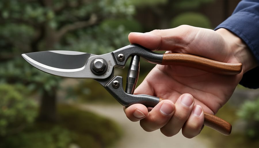 Close-up of Japanese pruning shears with wooden handles on a wooden workbench