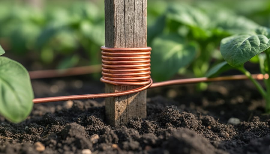 Copper wire spiral wound around a wooden stake inserted into soil next to healthy plants.