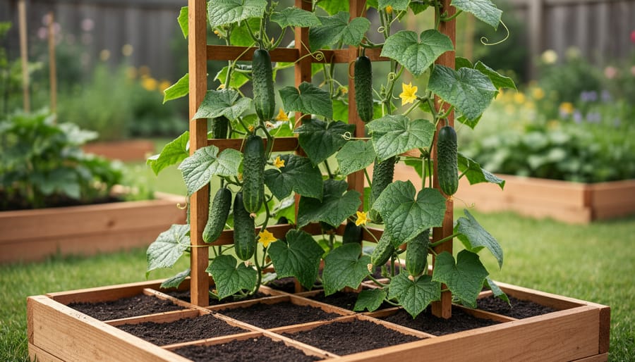 Cucumber vine growing vertically on a trellis in a square foot raised garden bed