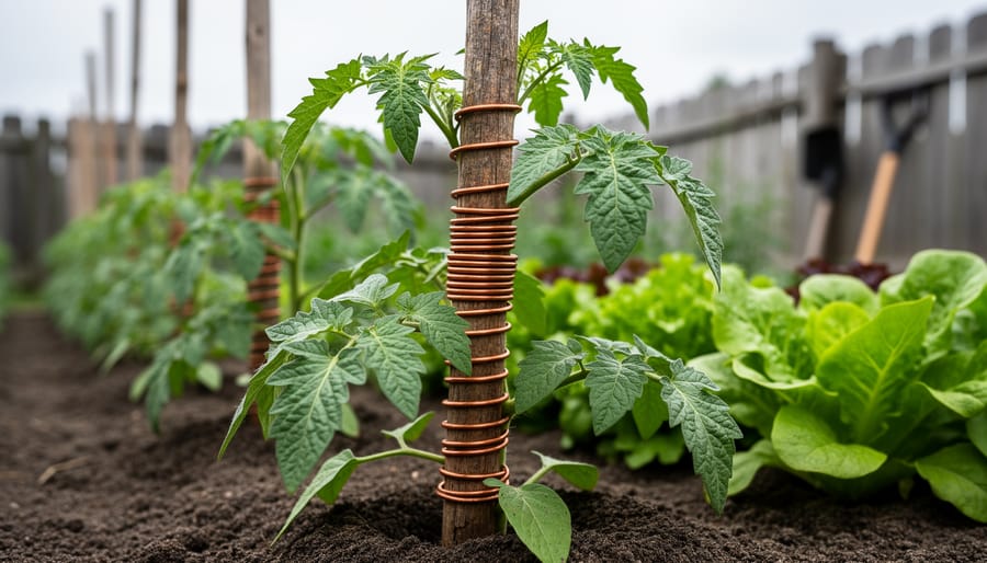 Copper wire coils wrapped around wooden stakes placed among healthy tomato plants in a garden bed.