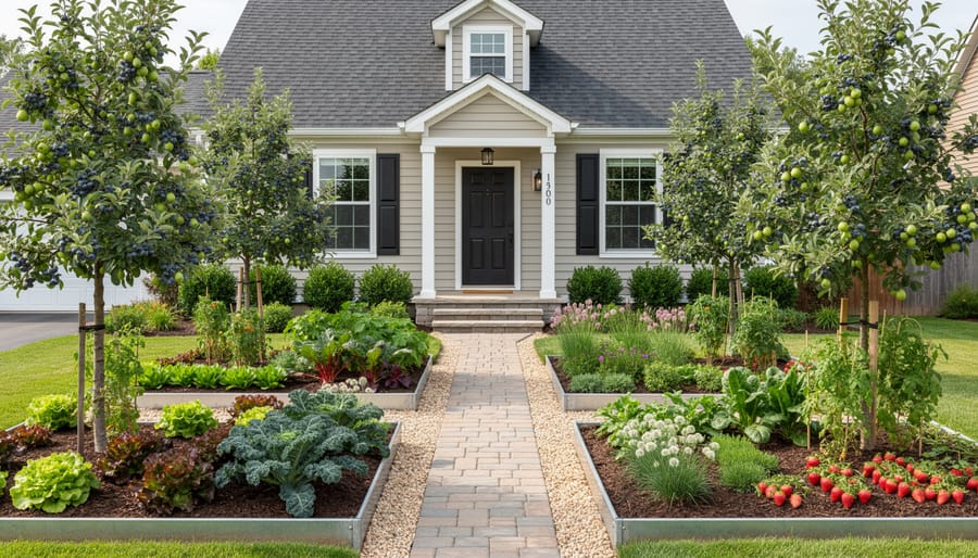 Front yard landscaping with an apple tree, edible shrubs, and herb planters along a walkway