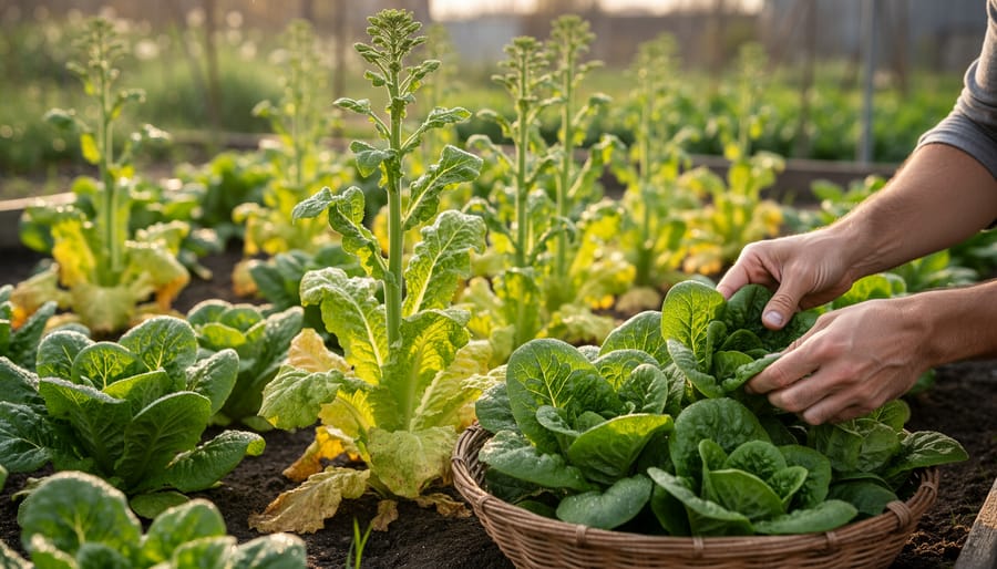 Gardener harvesting outer leaves from a lettuce plant that has started to bolt
