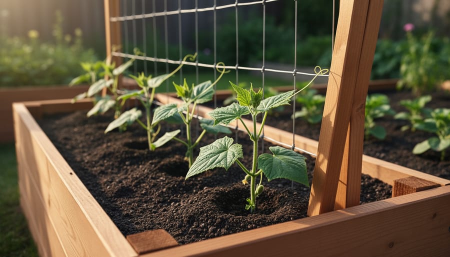 Gardener planting cucumber seedlings in a square foot garden bed next to a trellis