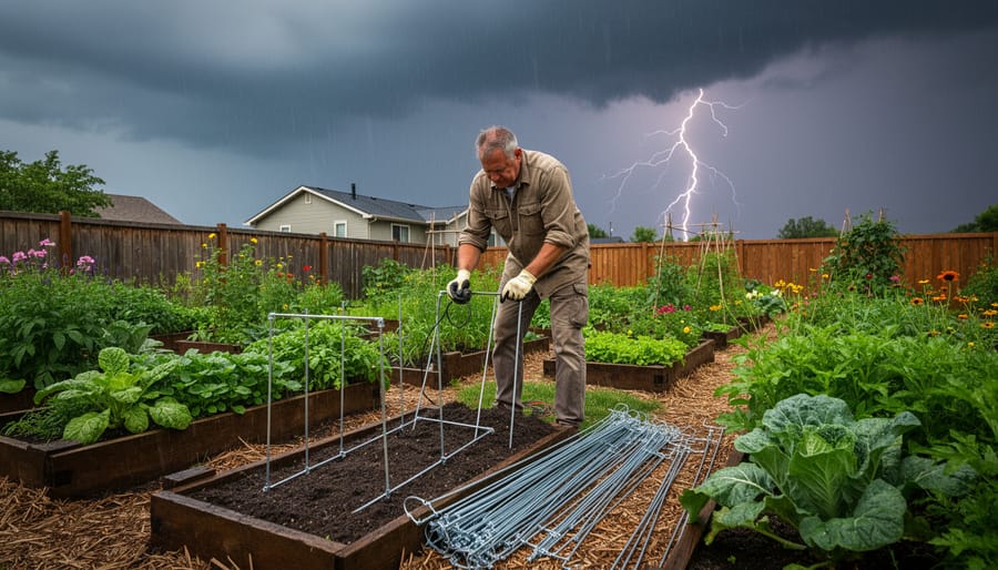 Gardener removing a garden metal stake near an electroculture setup while storm clouds and lightning flash in the background.