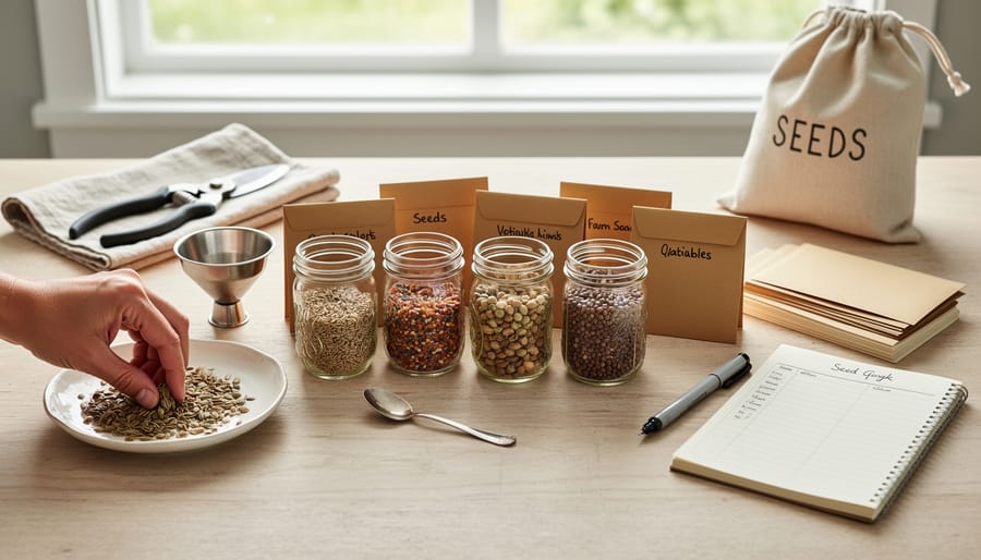 Gardener’s seed-saving supplies laid out on a kitchen counter, including envelopes and jars