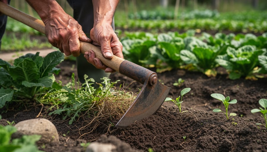 Gardener using a Japanese sickle and hand hoe in a vegetable garden