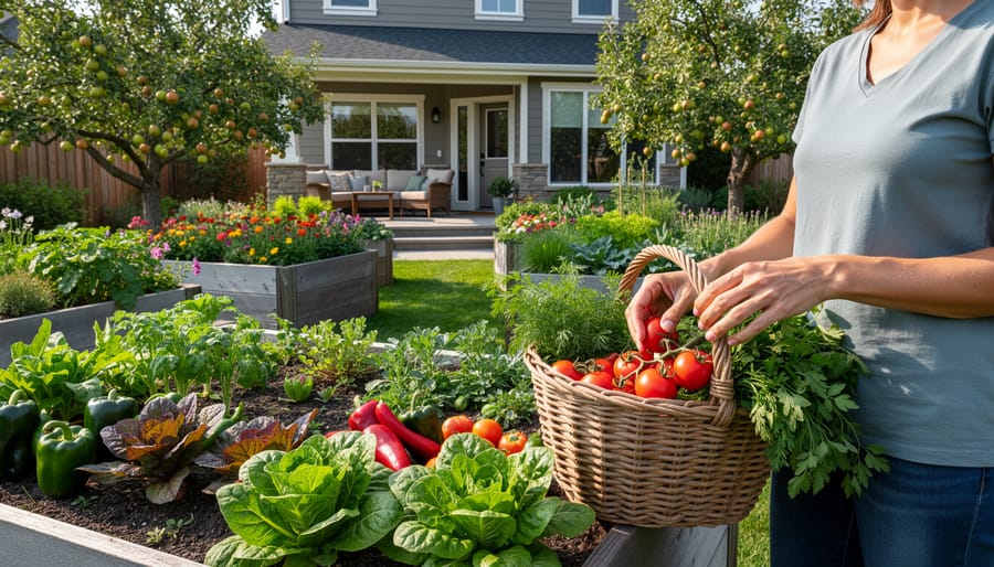 Hands picking cherry tomatoes and basil from an edible garden