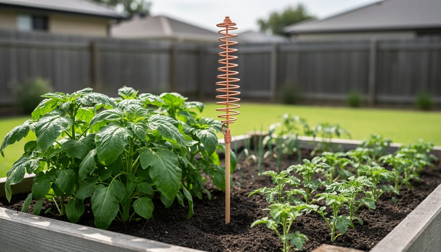 Healthy lettuce and tomato seedlings growing in raised garden beds, with a copper wire antenna visible in one plot.
