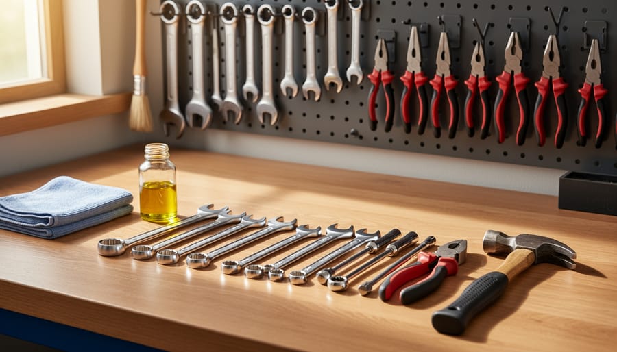 Japanese gardening tools oiled and stored in a leather tool roll with a sharpening stone nearby