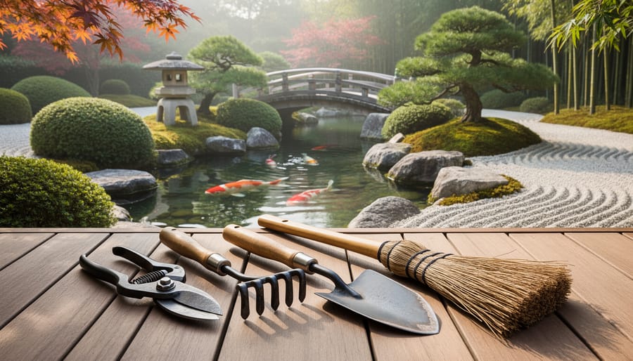 Japanese-style garden with trimmed shrubs and garden hand tools placed near a stone