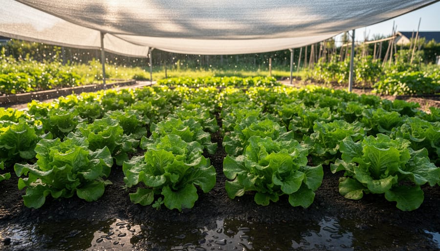 Lettuce growing in a raised bed under shade cloth with mulch for moisture retention