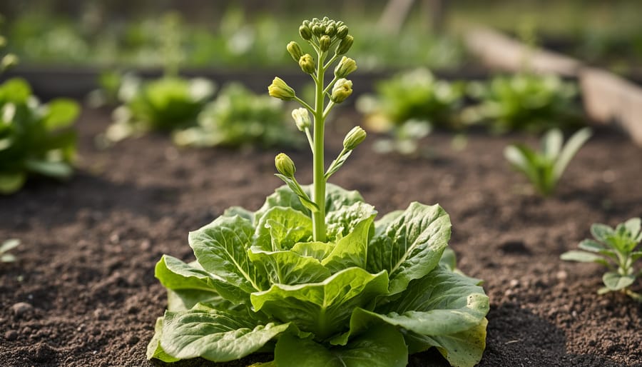 Lettuce plant bolting with an upright central stalk and forming flower buds in a garden bed