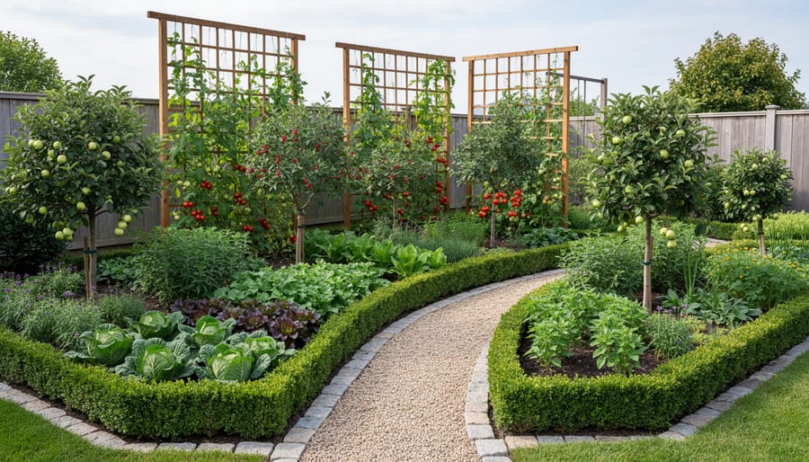 Raised garden bed and trellis with strawberries and leafy greens integrated into a landscaped yard