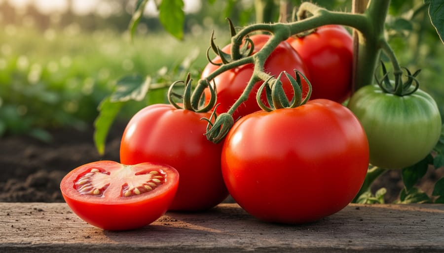 Ripe tomatoes on a wooden board next to a thriving tomato plant in the garden