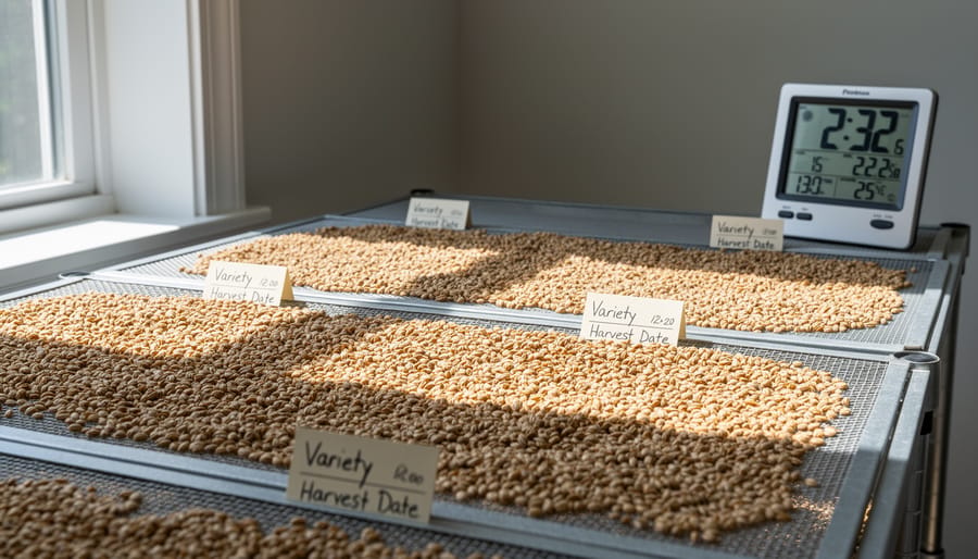 Seed pods and chaff drying on a tray near storage jars in a dim pantry setting