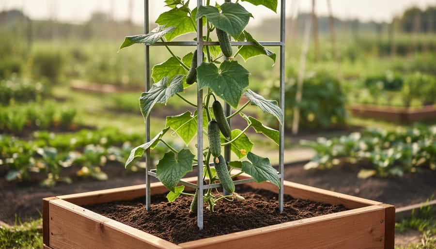Green cucumber vine growing vertically up a trellis from a small square foot raised garden bed, with fresh cucumbers hanging from the plant.