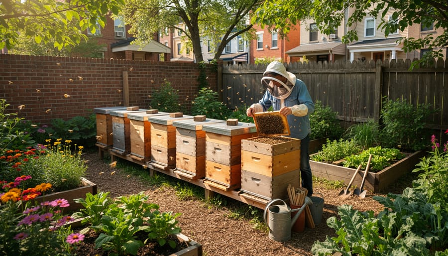 Wooden beehive in a backyard garden next to flowering plants, with a beekeeper in protective gear nearby.