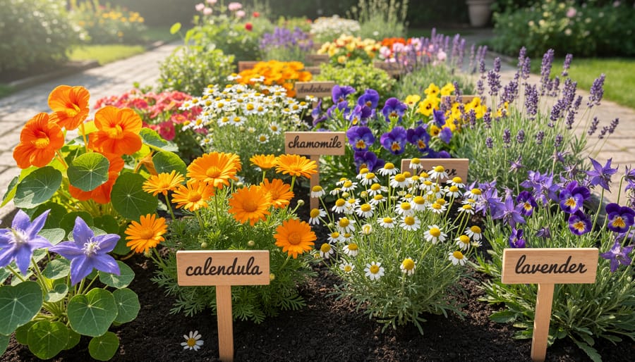Blooming herbal flowers in a home garden bed, including calendula, chamomile, nasturtium, and lavender.