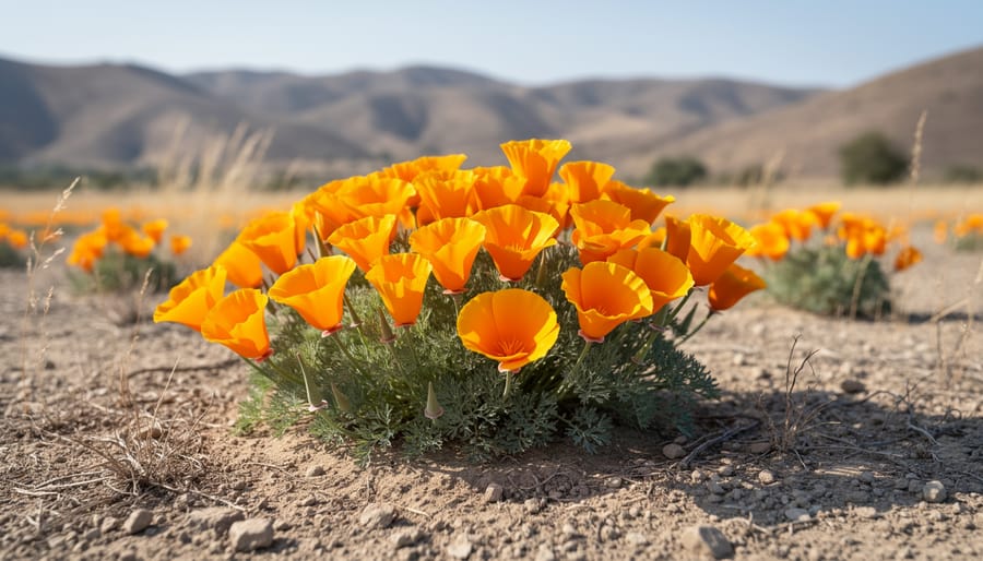 California poppy flowers blooming in dry soil with sparse native grasses in the background.