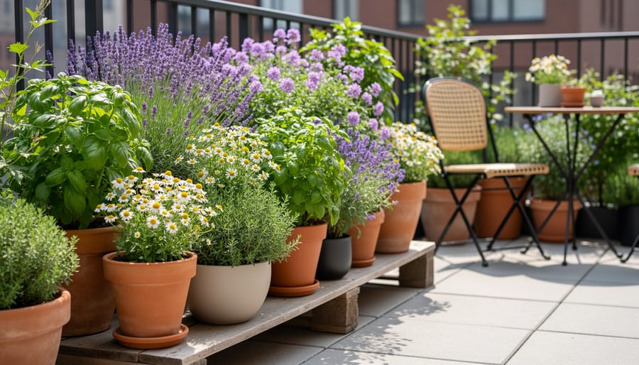 Flowering herbal plants growing in terracotta containers on a patio.
