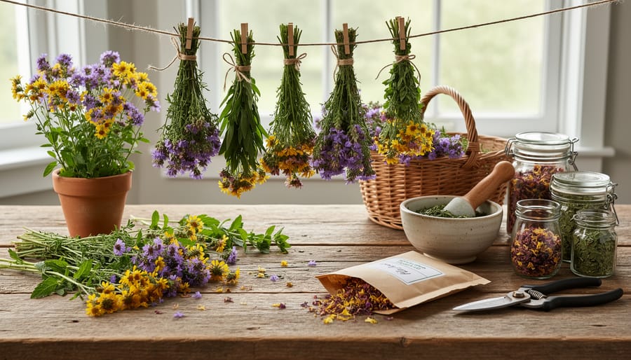 Dried and fresh herbal flowers displayed on a wooden table with jars and an infuser.