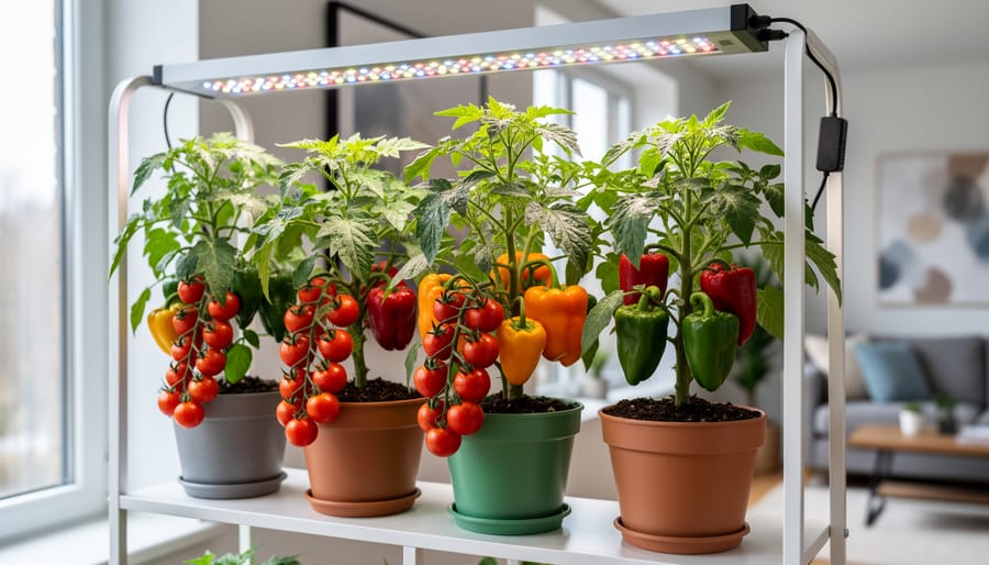 Dwarf tomato and pepper plants growing indoors under a grow light