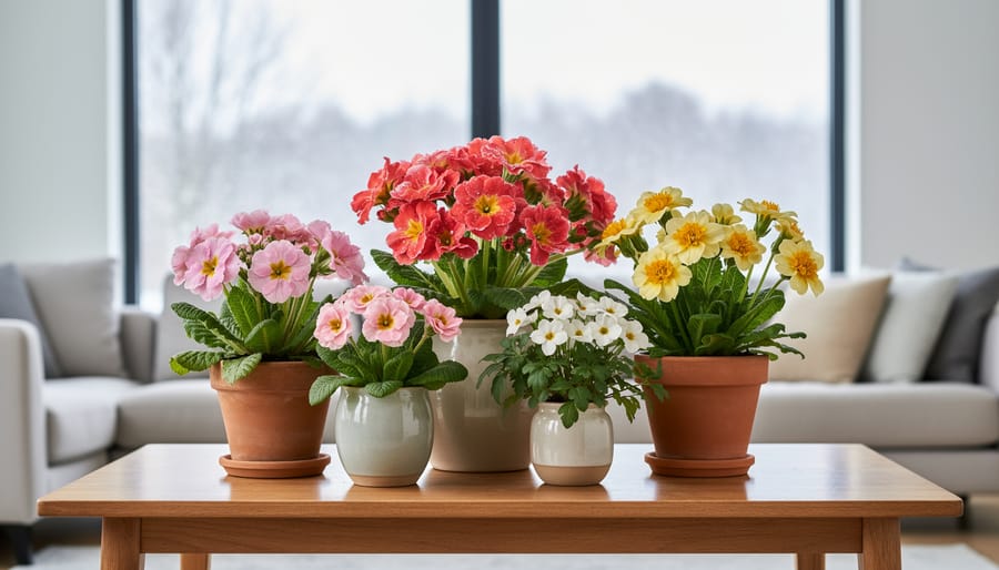 Blooming winter-forced bulbs in pots near a window during cold season