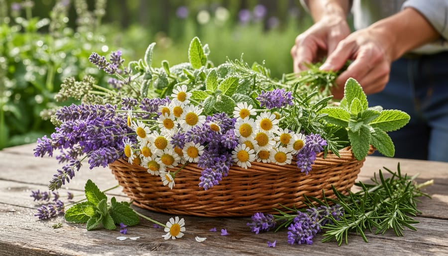 Gardener’s hands harvesting lavender and calendula flowers into a woven basket.