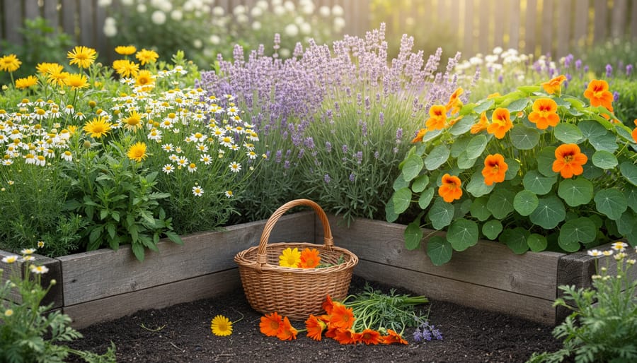 Herbal flower garden bed with chamomile, lavender, calendula, and nasturtium, plus a small basket holding freshly harvested blossoms on soil.