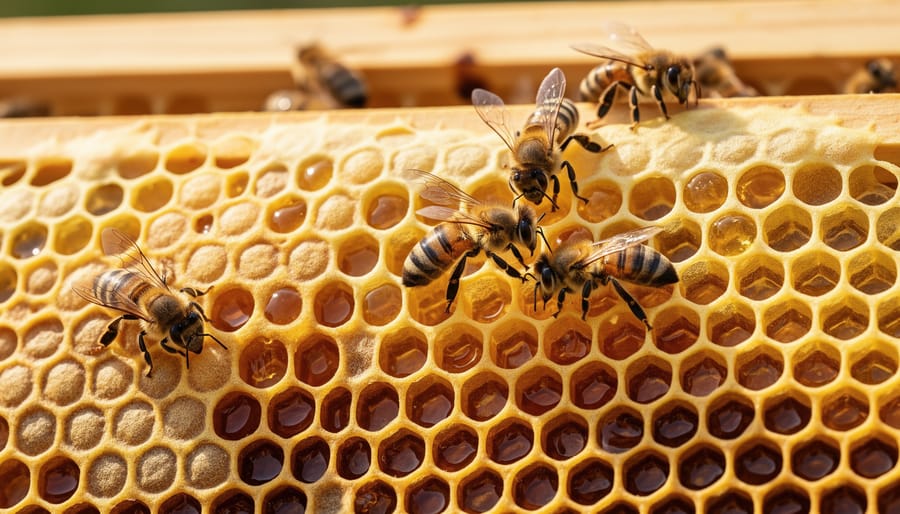 Beekeeper’s gloved hand lifting a hive frame to reveal honeycomb with bees inside.