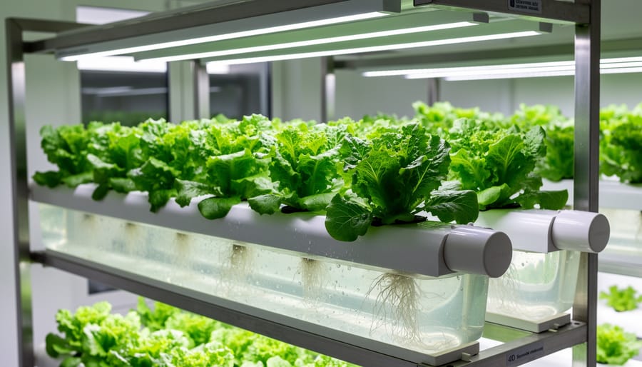 Hydroponic lettuce system with green lettuce supported in a net pot above a water reservoir