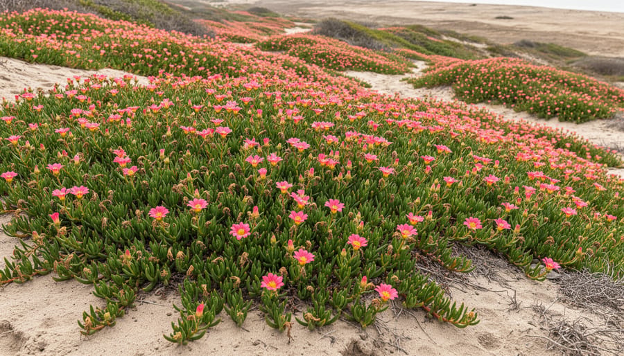Ice plant ground cover with bright magenta succulent flowers on sandy soil.