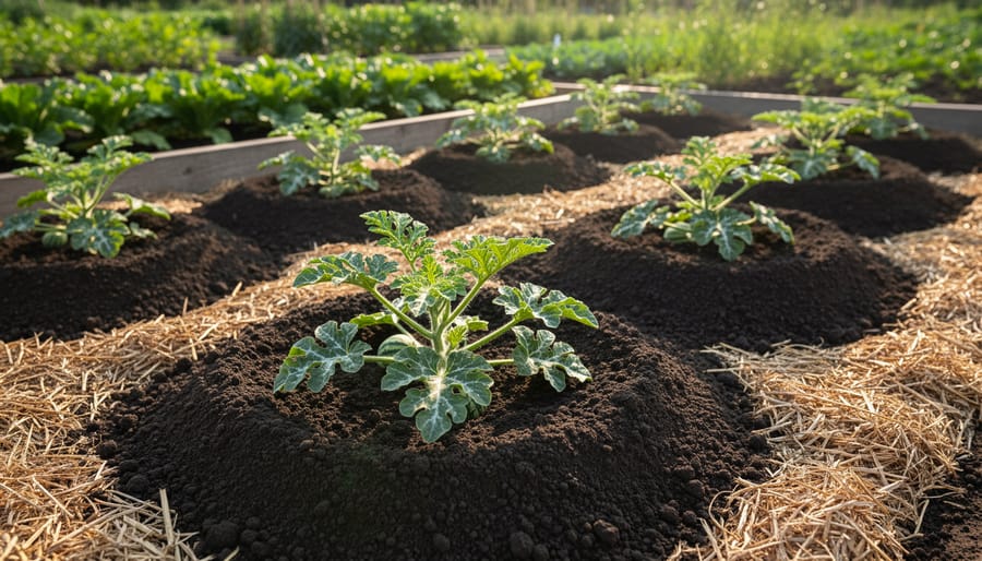 Icebox watermelon seedlings growing in dark soil mounds in a home garden bed.
