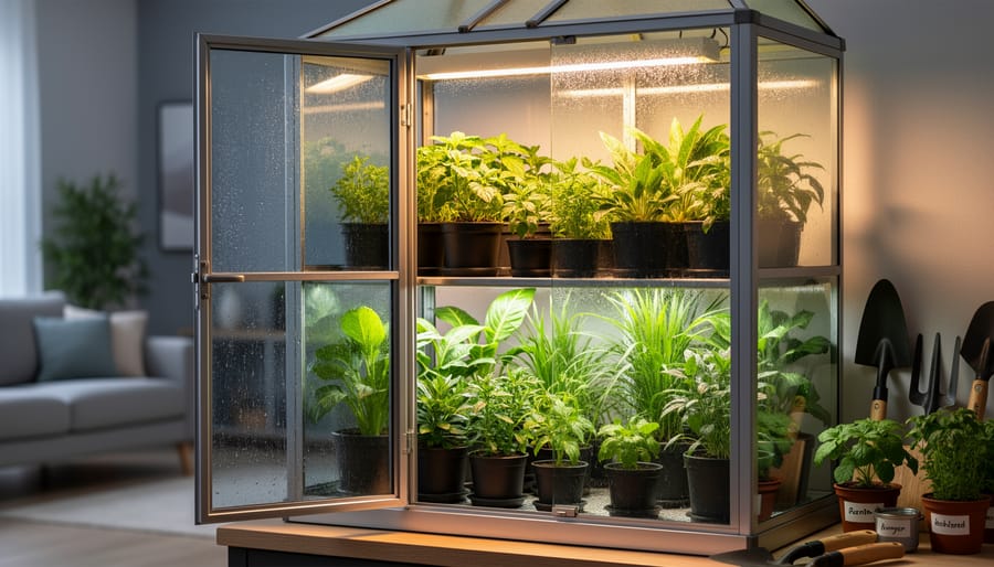 Indoor greenhouse cabinet with grow lights illuminating seedlings and humidity tray