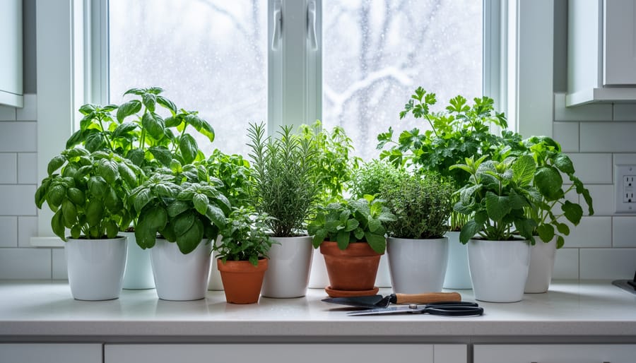 Green herb pots including basil, parsley, cilantro, and chives on a sunny kitchen windowsill