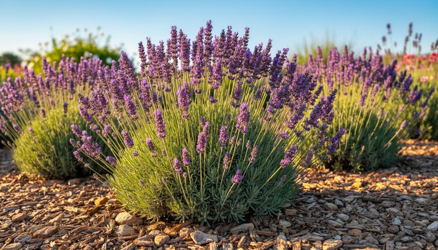 Lavender plants with purple flower spikes in a dry, gravelly garden bed.