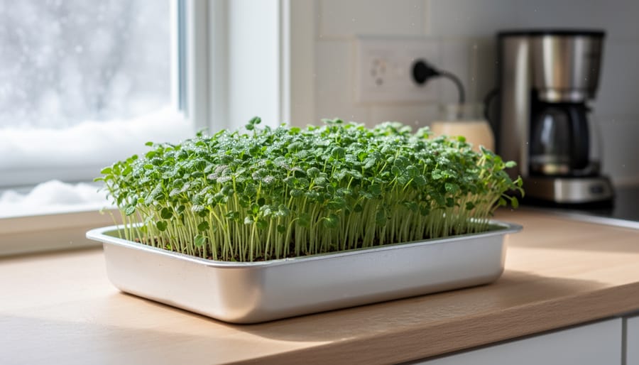 Trays of microgreens growing on a countertop with a clear cover