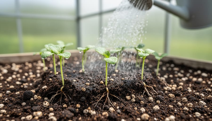 Close view of moist growing medium and seedlings in a vertical garden pocket with mulch.