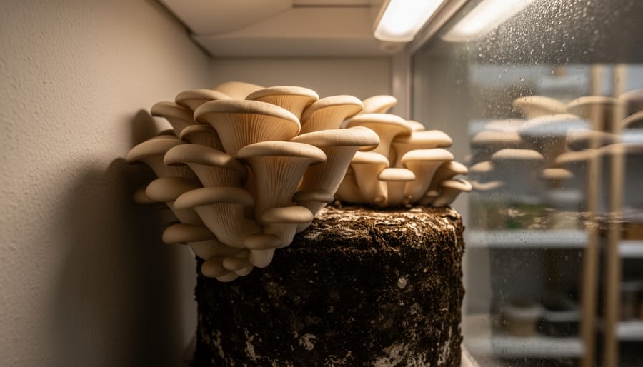 Oyster mushrooms growing from a dark substrate kit in a low-light indoor corner