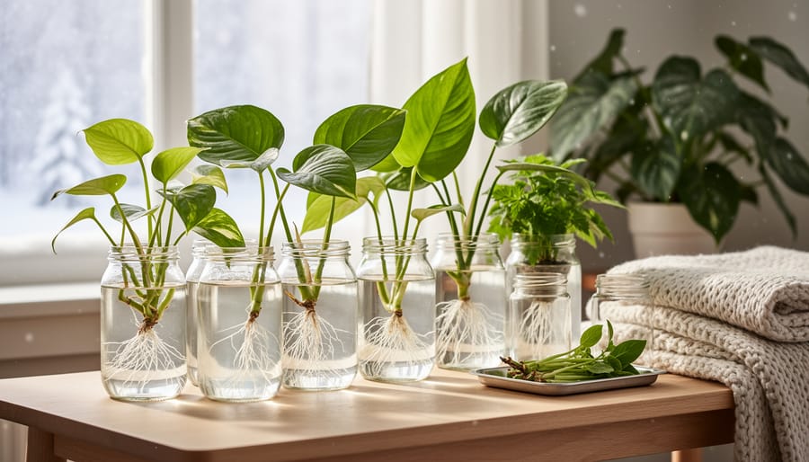 Hands preparing plant cuttings with jars showing new roots