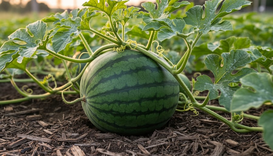 Ripe icebox watermelon fruit on the soil near watermelon vines in a garden.