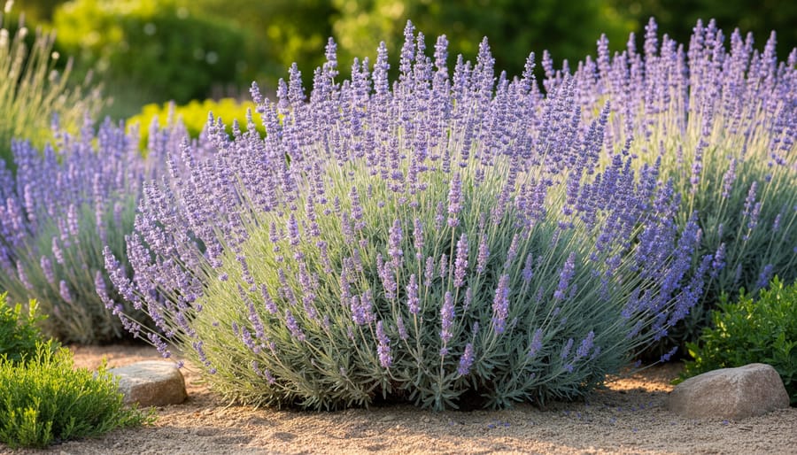 Russian sage plant with upright purple flower spires and silvery leaves in a dry gravel garden.