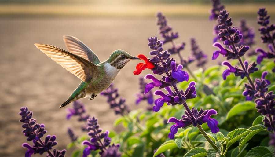 A hummingbird hovering near blooming salvia flowers in a low-water garden.