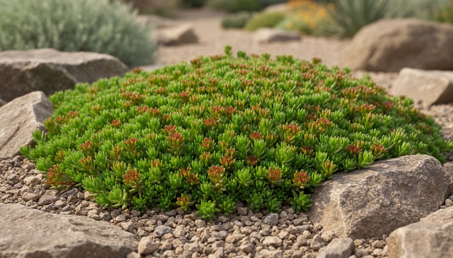 Sedum (stonecrop) succulent ground cover growing between rocks with small blooms.